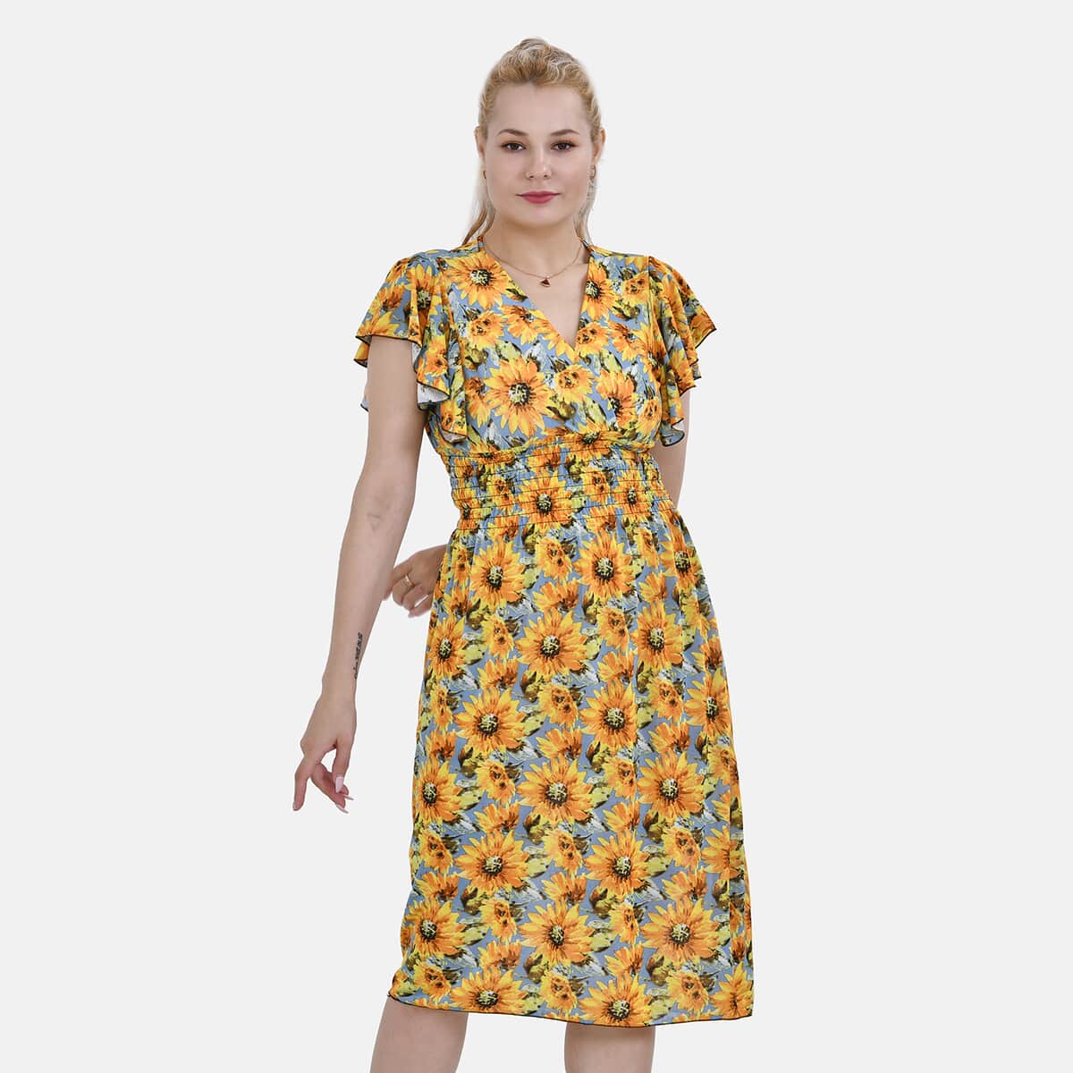 Tamsy Yellow Daisy Smocked Waist Midi Dress with Flutter Sleeves - One Size Fits Most image number 3