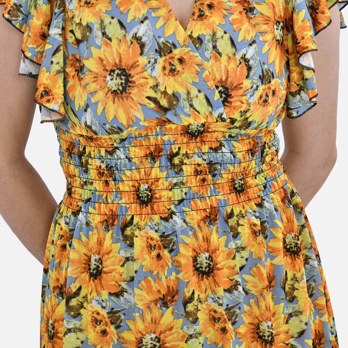 Tamsy Yellow Daisy Smocked Waist Midi Dress with Flutter Sleeves - One Size Fits Most image number 6