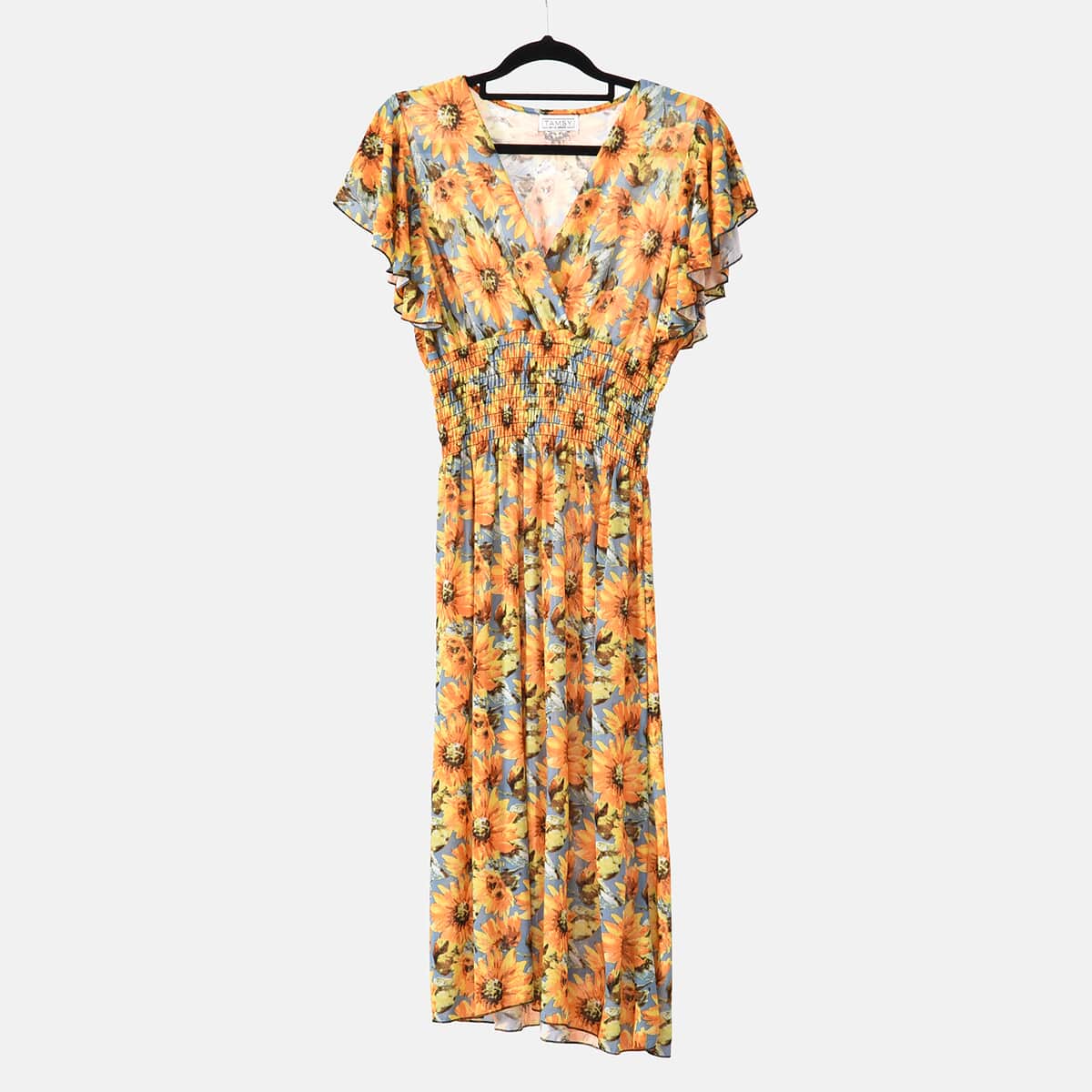 Tamsy Yellow Daisy Smocked Waist Midi Dress with Flutter Sleeves - One Size Fits Most image number 7