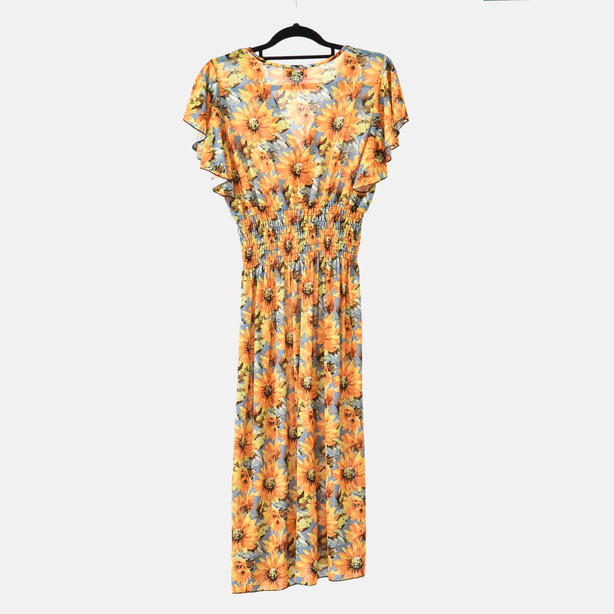 Tamsy Yellow Daisy Smocked Waist Midi Dress with Flutter Sleeves - One Size Fits Most image number 8