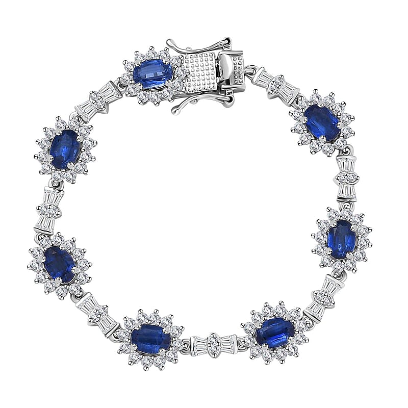 Kashmir Kyanite and White Zircon Sunburst Link Bracelet in Platinum Over Sterling Silver (6.50 In) 14.00 ctw