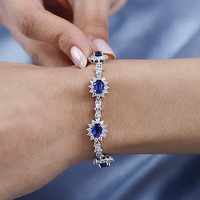 Kashmir Kyanite and White Zircon Sunburst Link Bracelet in Platinum Over Sterling Silver (6.50 In) 14.00 ctw