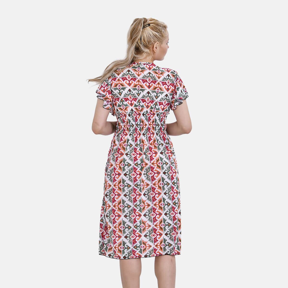 Tamsy Multi Ikat Smocked Waist Midi Dress with Flutter Sleeves - One Size Fits Most image number 1