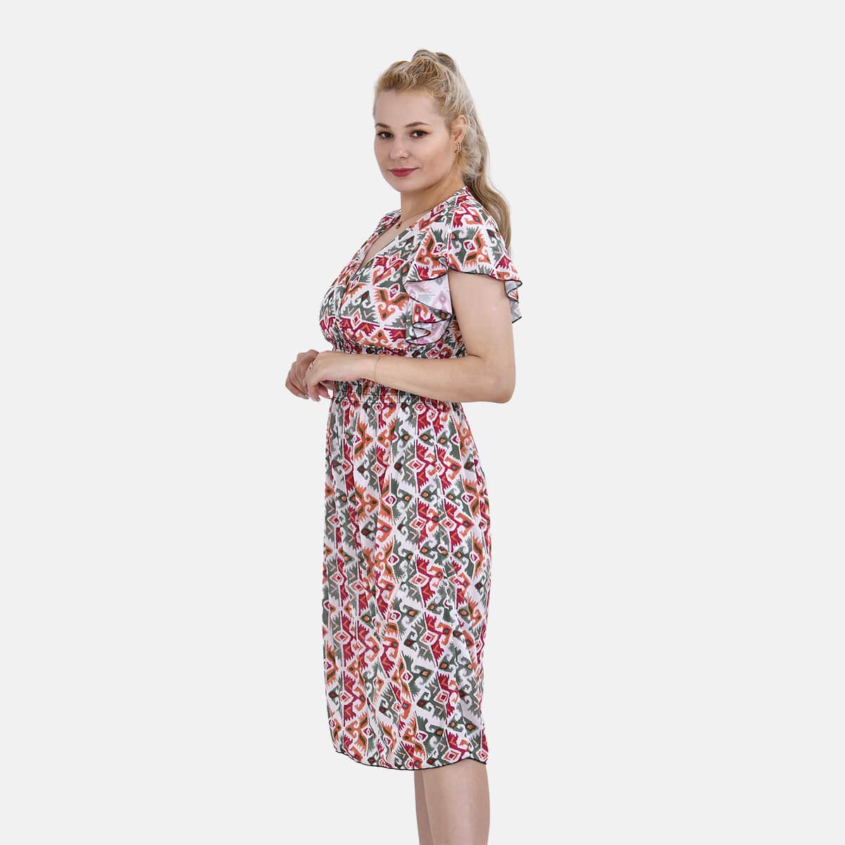 Tamsy Multi Ikat Smocked Waist Midi Dress with Flutter Sleeves - One Size Fits Most image number 2