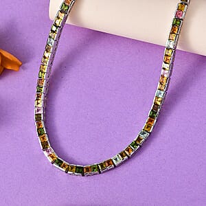 Princess Cut Multi-Tourmaline Tennis Necklace 18 Inches in Platinum Over Sterling Silver 22.40 ctw