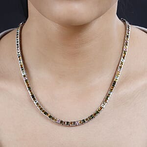Princess Cut Multi-Tourmaline Tennis Necklace 18 Inches in Platinum Over Sterling Silver 22.40 ctw