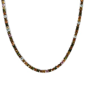 Princess Cut Multi-Tourmaline Tennis Necklace 18 Inches in Platinum Over Sterling Silver 22.40 ctw