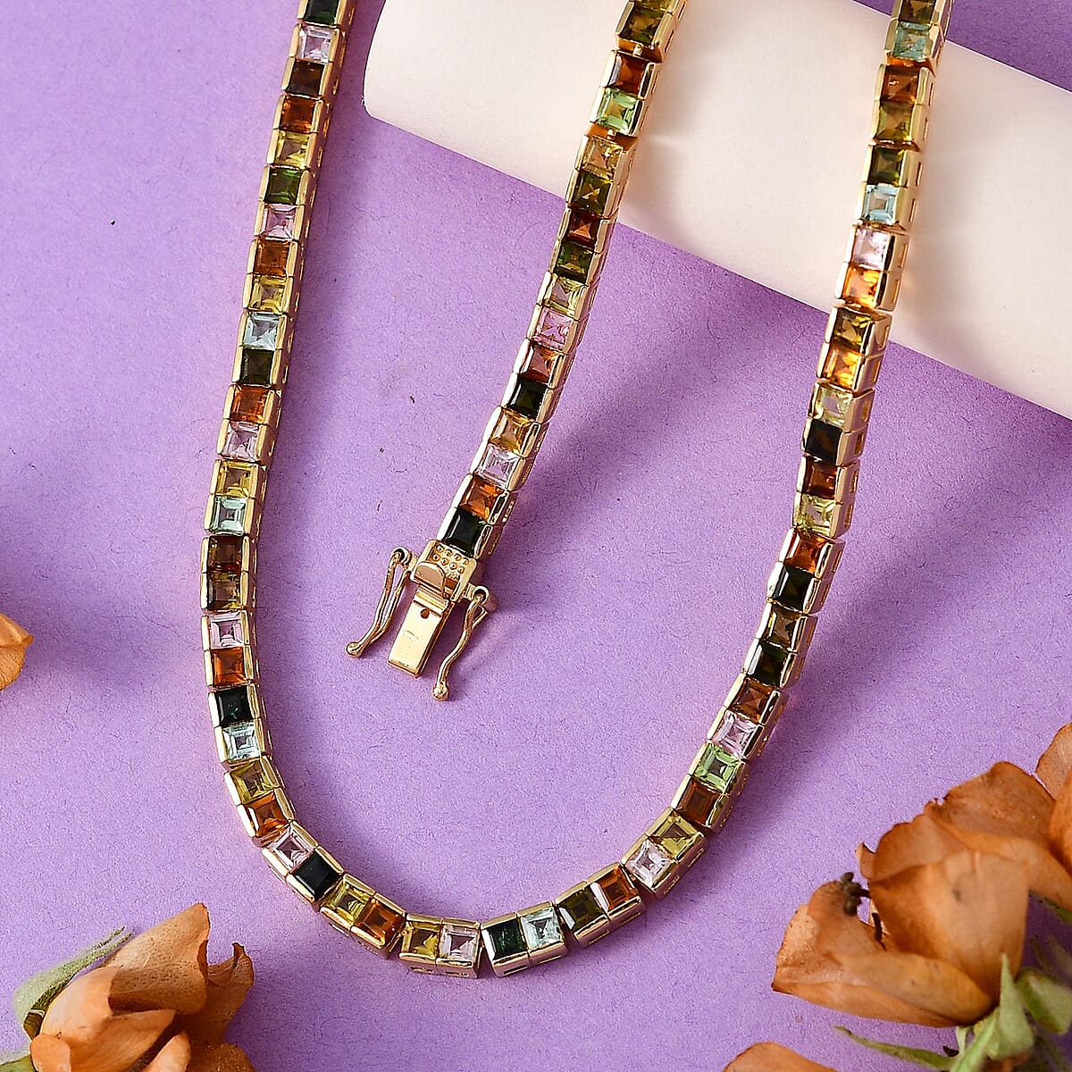 Princess Cut Multi-Tourmaline Tennis Necklace 18 Inches in Vermeil Yellow Gold Over Sterling Silver 22.40 ctw image number 1