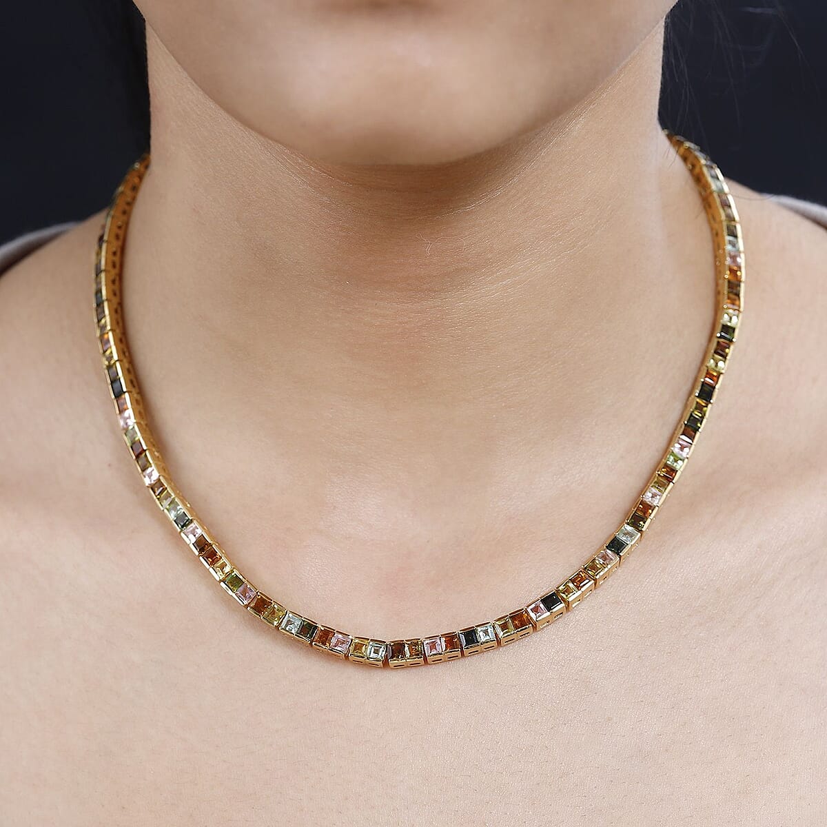 Princess Cut Multi-Tourmaline Tennis Necklace 18 Inches in Vermeil Yellow Gold Over Sterling Silver 22.40 ctw image number 2