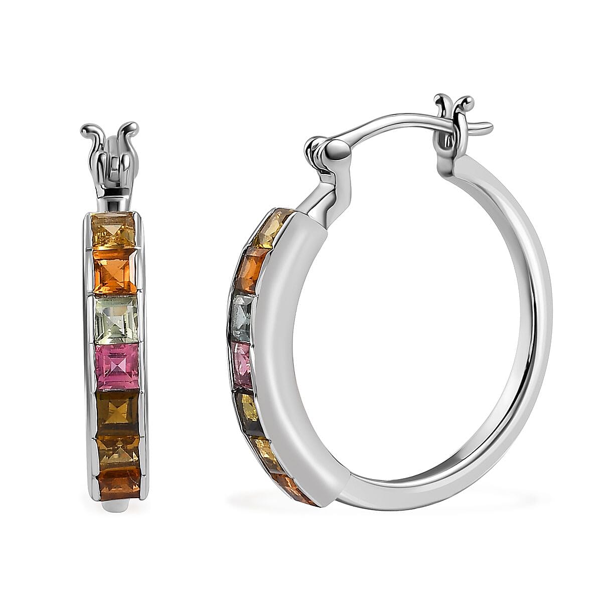 Princess Cut Multi-Tourmaline Hoop Earrings in Platinum Over Sterling Silver 2.25 ctw