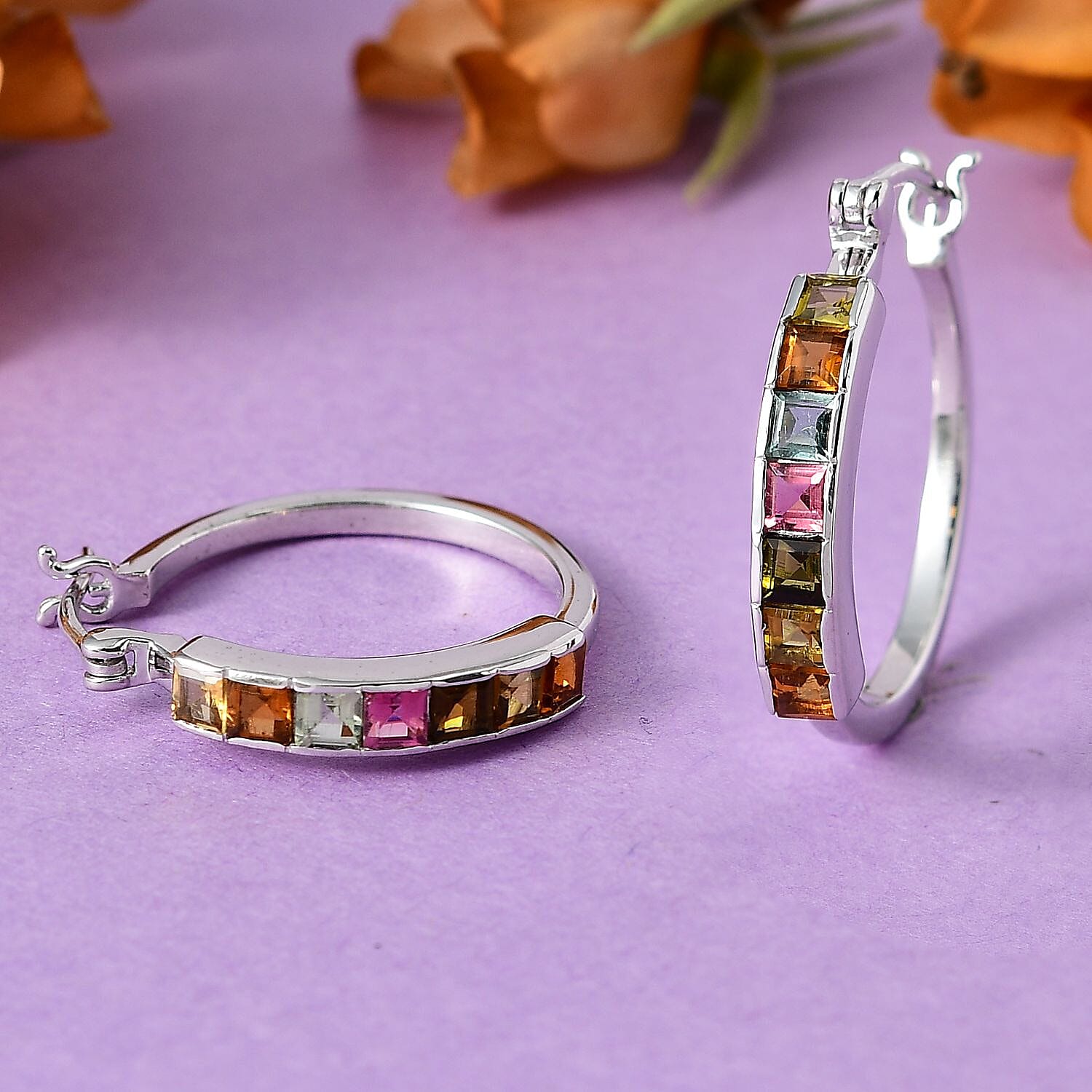 Princess Cut Multi-Tourmaline Hoop Earrings in Platinum Over Sterling Silver 2.25 ctw