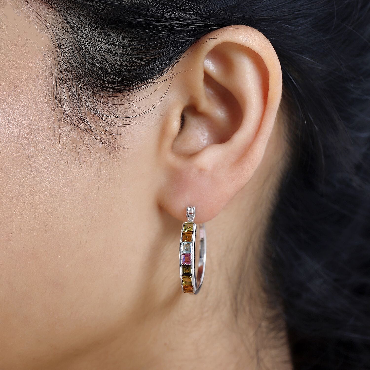 Princess Cut Multi-Tourmaline Hoop Earrings in Platinum Over Sterling Silver 2.25 ctw