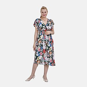 Tamsy Multi Floral Smocked Waist Midi Dress with Flutter Sleeves - One Size Fits Most