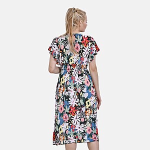 Tamsy Multi Floral Smocked Waist Midi Dress with Flutter Sleeves - One Size Fits Most
