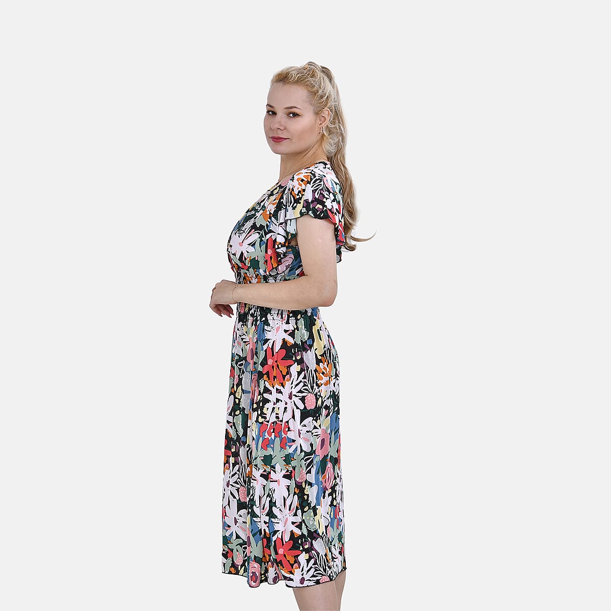 Tamsy Multi Floral Smocked Waist Midi Dress with Flutter Sleeves - One Size Fits Most image number 2
