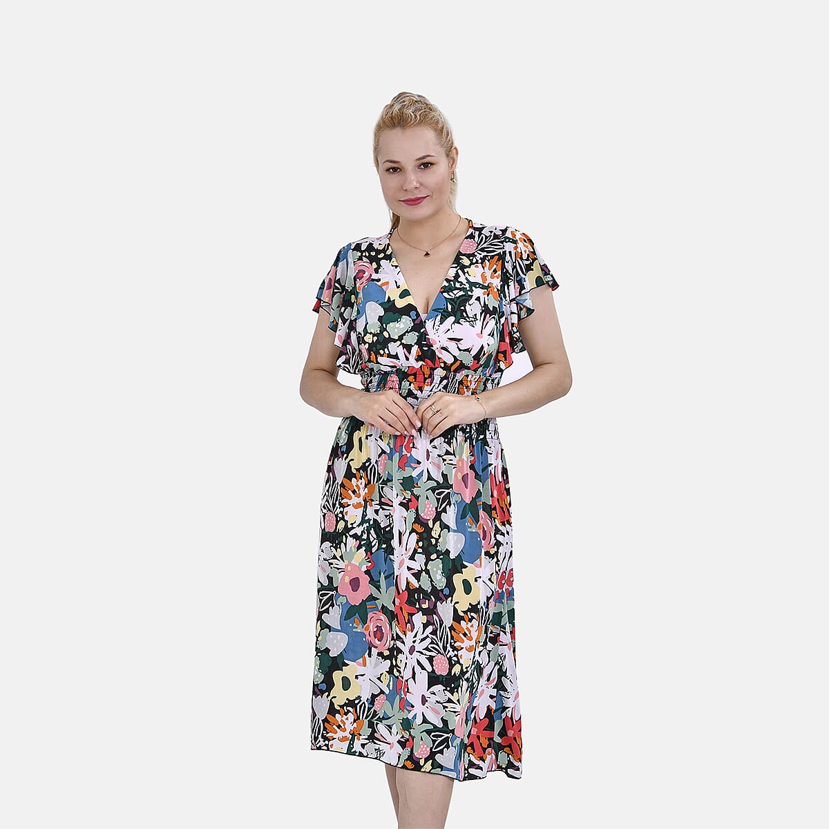Tamsy Multi Floral Smocked Waist Midi Dress with Flutter Sleeves - One Size Fits Most image number 3