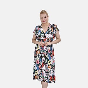 Tamsy Multi Floral Smocked Waist Midi Dress with Flutter Sleeves - One Size Fits Most
