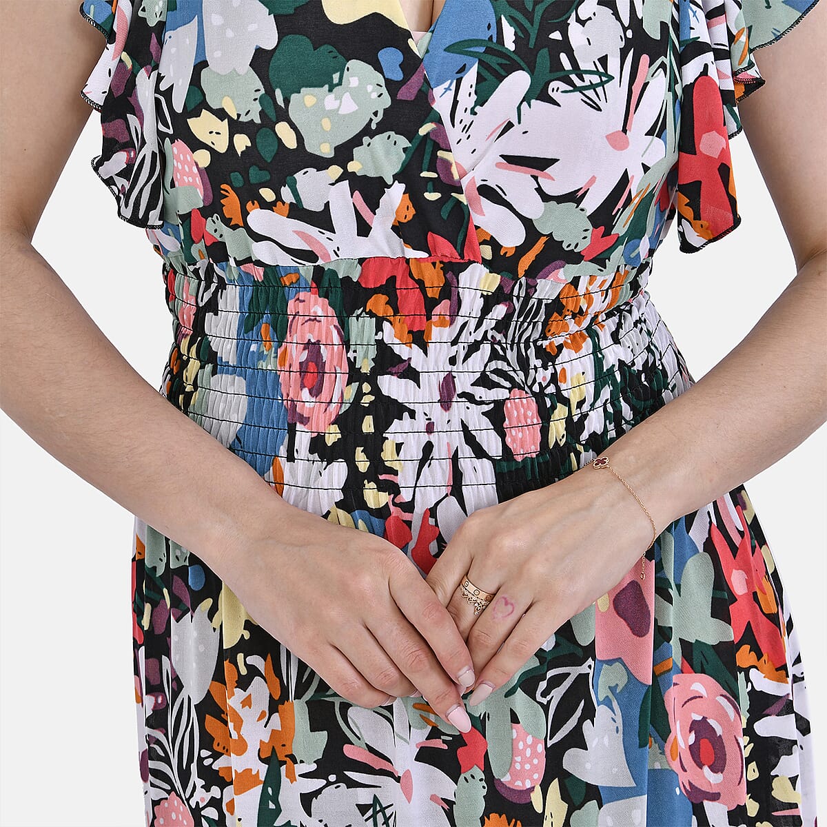 Tamsy Multi Floral Smocked Waist Midi Dress with Flutter Sleeves - One Size Fits Most image number 6
