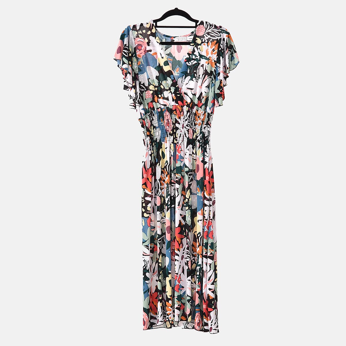 Tamsy Multi Floral Smocked Waist Midi Dress with Flutter Sleeves - One Size Fits Most image number 7