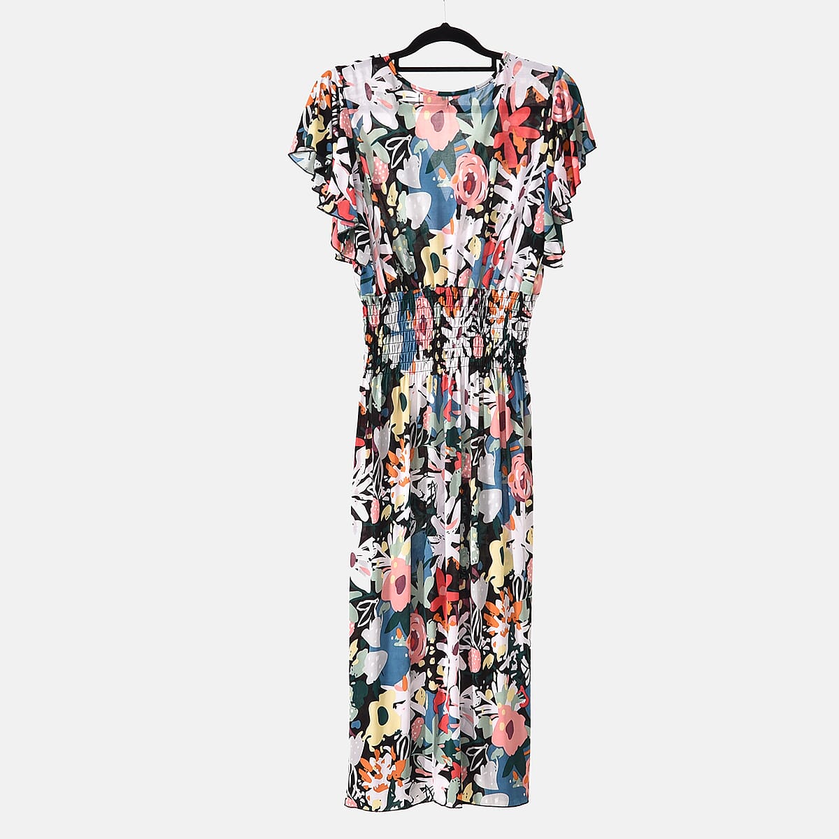 Tamsy Multi Floral Smocked Waist Midi Dress with Flutter Sleeves - One Size Fits Most image number 8