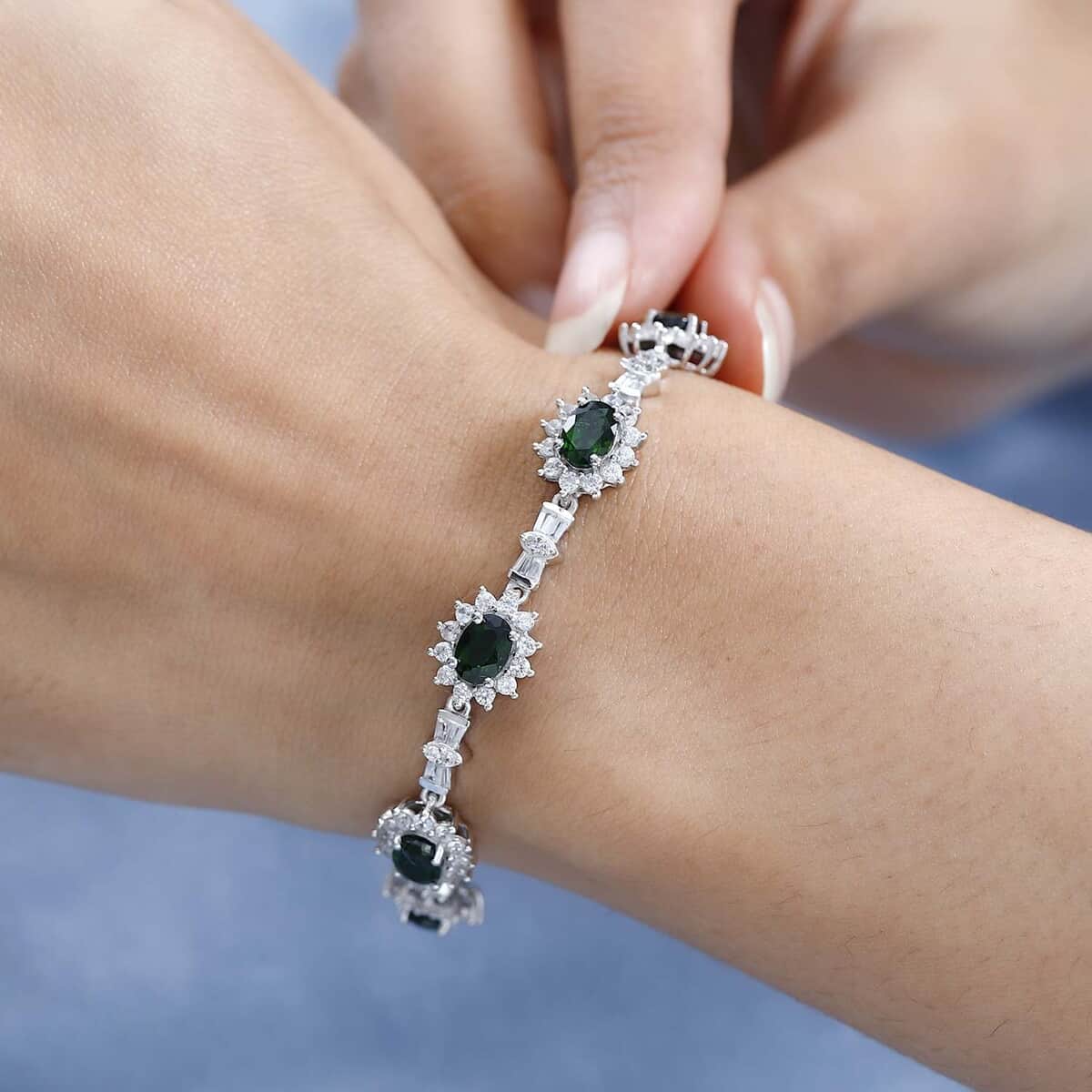 Chrome Diopside and White Zircon Sunburst Link Bracelet in Platinum Over Sterling Silver (7.25 In) 13.10 ctw image number 2