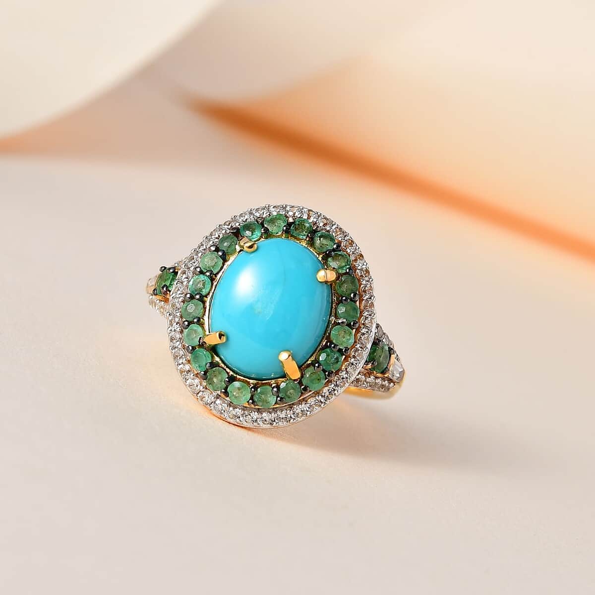 Premium Sleeping Beauty Turquoise and Multi Gemstone Double Halo Ring in Vermeil Yellow Gold Over Sterling Silver (Size 6.0) 4.50 ctw image number 1