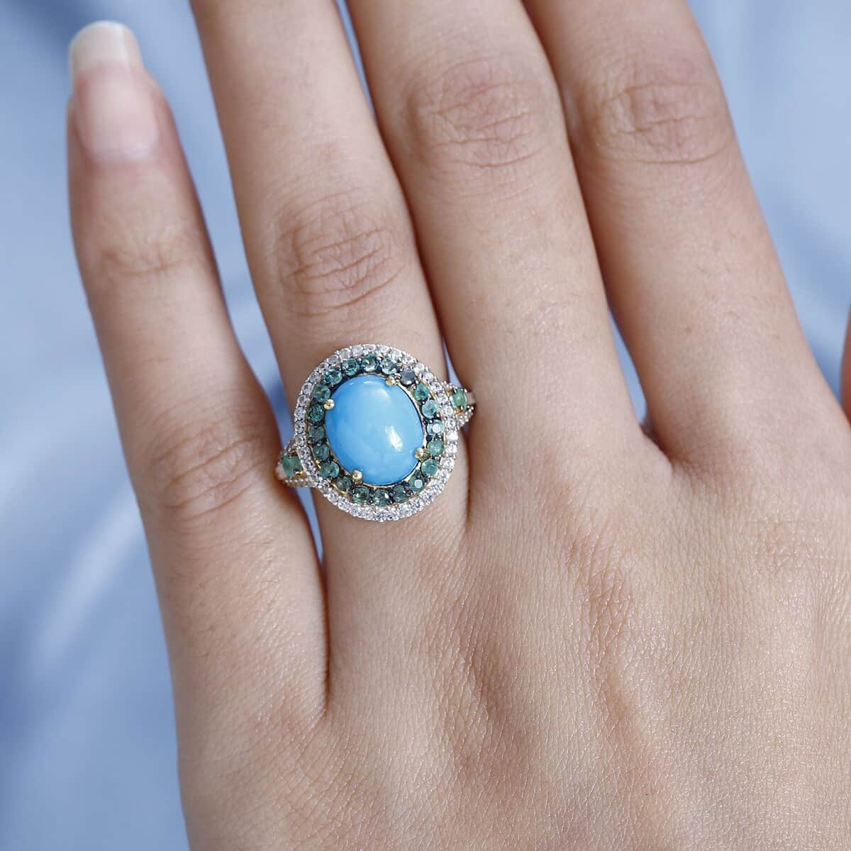 Premium Sleeping Beauty Turquoise and Multi Gemstone Double Halo Ring in Vermeil Yellow Gold Over Sterling Silver (Size 6.0) 4.50 ctw image number 2