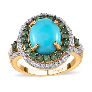 Premium Sleeping Beauty Turquoise and Multi Gemstone Double Halo Ring in Vermeil Yellow Gold Over Sterling Silver (Size 7.0) 4.50 ctw