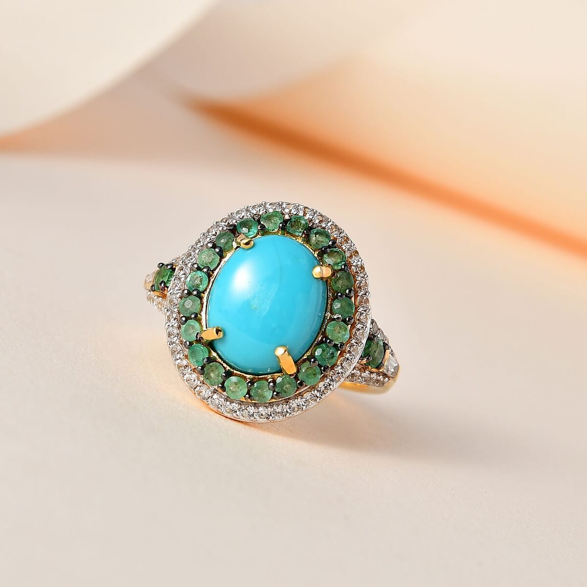 Premium Sleeping Beauty Turquoise and Multi Gemstone Double Halo Ring in Vermeil Yellow Gold Over Sterling Silver (Size 7.0) 4.50 ctw image number 1