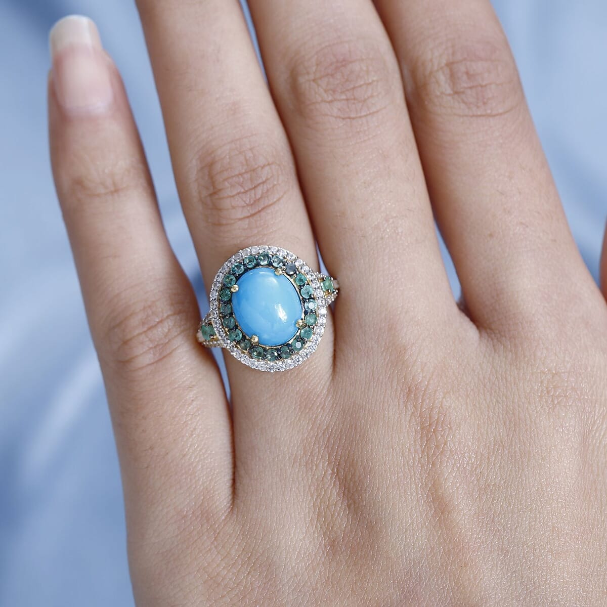 Premium Sleeping Beauty Turquoise and Multi Gemstone Double Halo Ring in Vermeil Yellow Gold Over Sterling Silver (Size 7.0) 4.50 ctw image number 2
