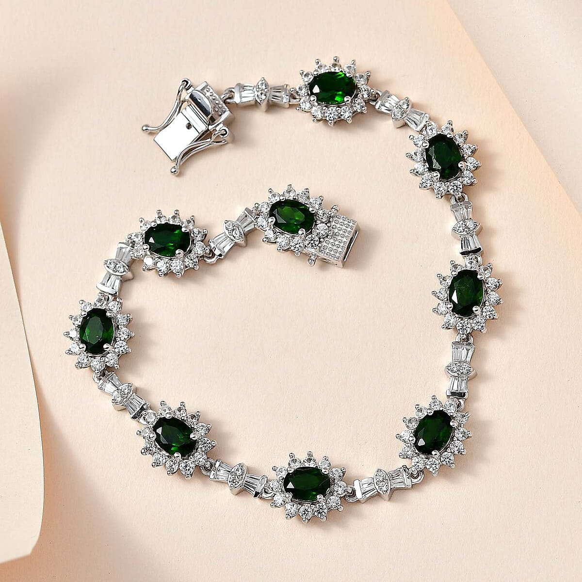 Chrome Diopside and White Zircon Sunburst Link Bracelet in Platinum Over Sterling Silver (8.00 In) 14.65 ctw image number 1