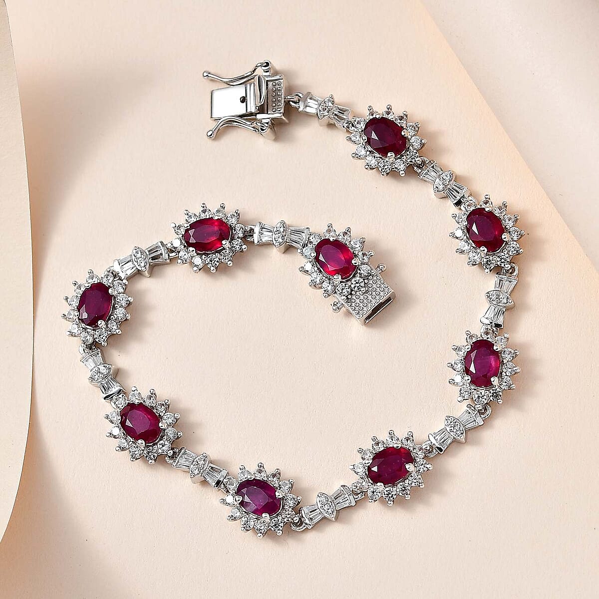 Niassa Ruby (FF) and White Zircon Sunburst Link Bracelet in Platinum Over Sterling Silver (7.25 In) 16.65 ctw image number 1