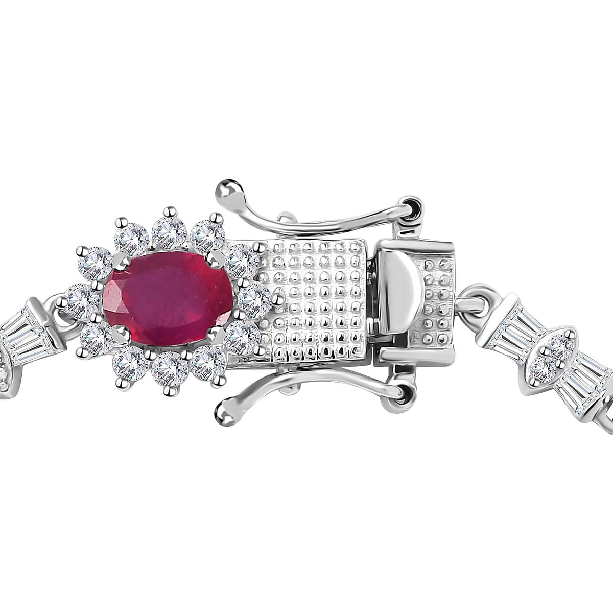 Niassa Ruby (FF) and White Zircon Sunburst Link Bracelet in Platinum Over Sterling Silver (7.25 In) 16.65 ctw image number 3