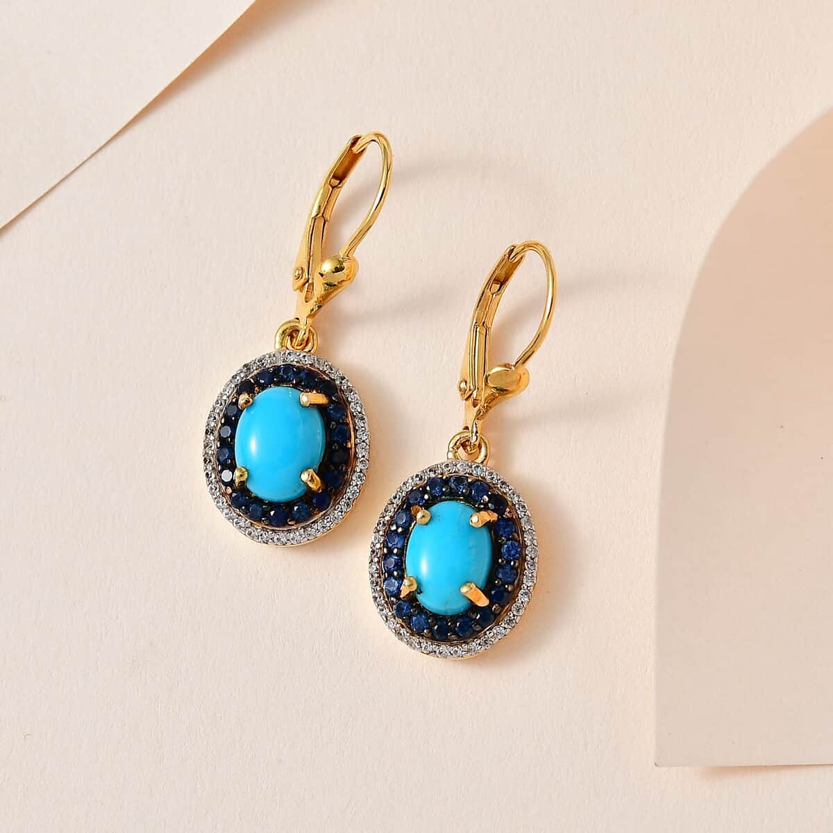 Premium Sleeping Beauty Turquoise and Multi Gemstone Lever Back Earrings in Vermeil Yellow Gold Over Sterling Silver 3.50 ctw image number 1