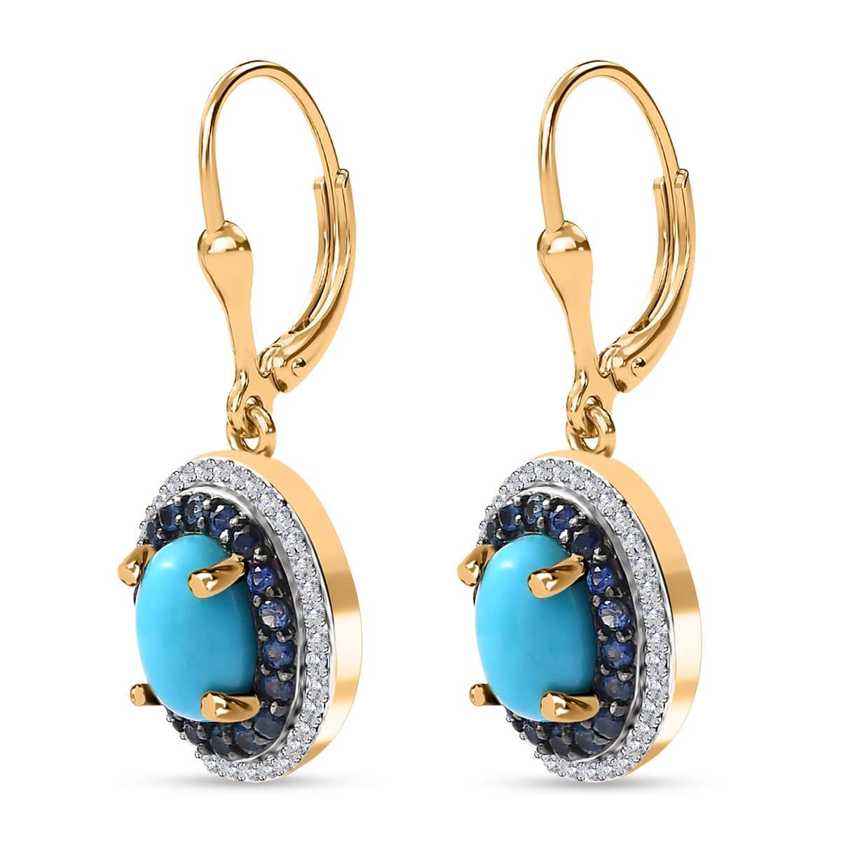 Premium Sleeping Beauty Turquoise and Multi Gemstone Lever Back Earrings in Vermeil Yellow Gold Over Sterling Silver 3.50 ctw image number 3