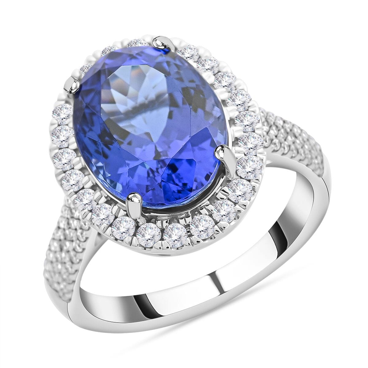 Certified & Appraised Rhapsody 950 Platinum AAAA Tanzanite and E-F VS Diamond Halo Ring (Size 10.0) 8.25 Grams 6.15 ctw image number 0