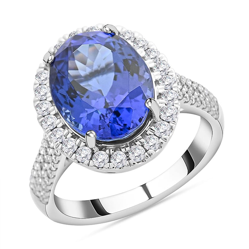 Certified & Appraised Rhapsody 950 Platinum AAAA Tanzanite and E-F VS Diamond Halo Ring (Size 8.0) 8.25 Grams 6.15 ctw