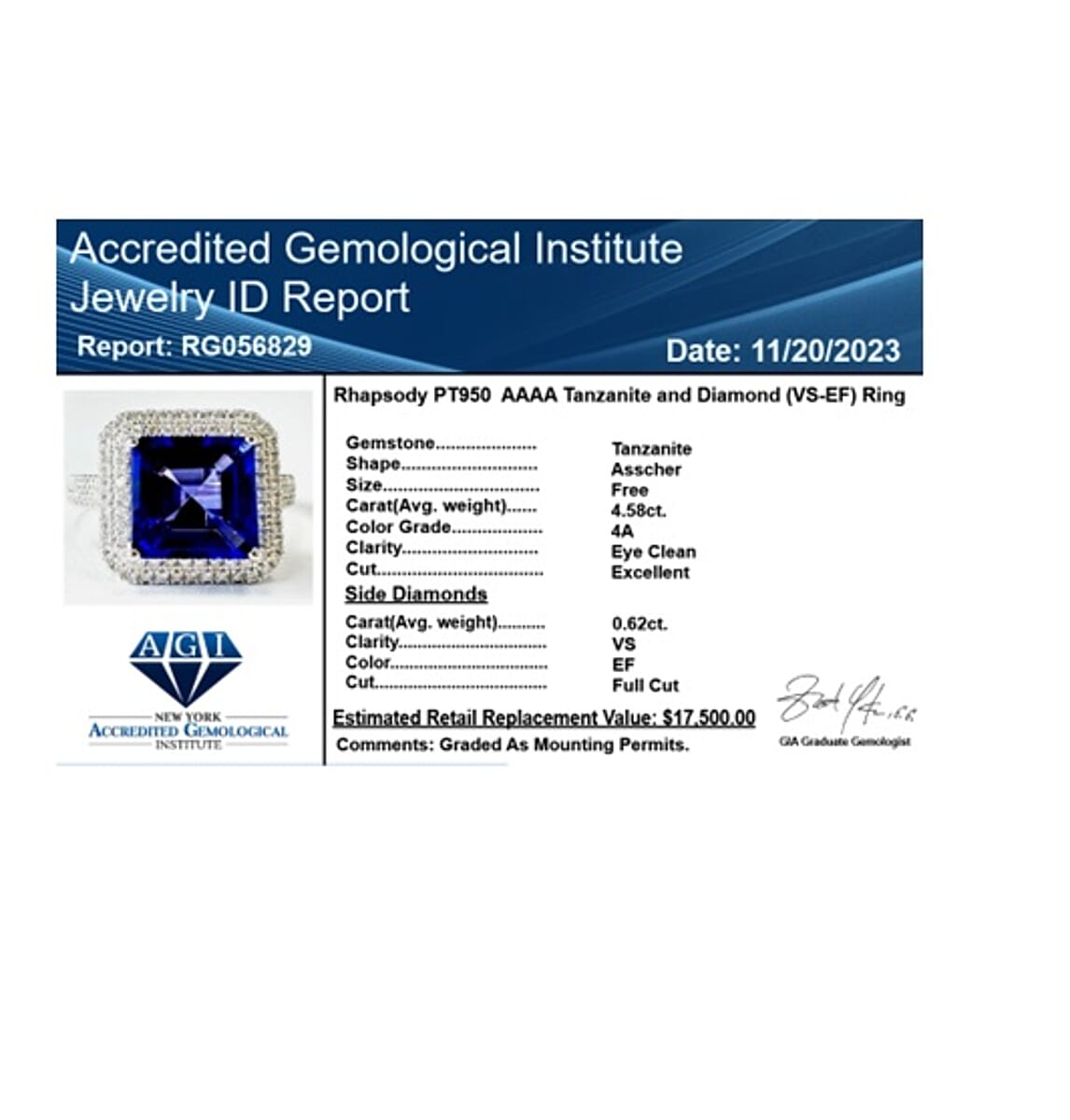 Doorbuster Certified & Appraised Rhapsody 950 Platinum Asscher Cut AAAA Tanzanite and E-F VS Diamond Ring 9.40 Grams 5.20 ctw image number 1