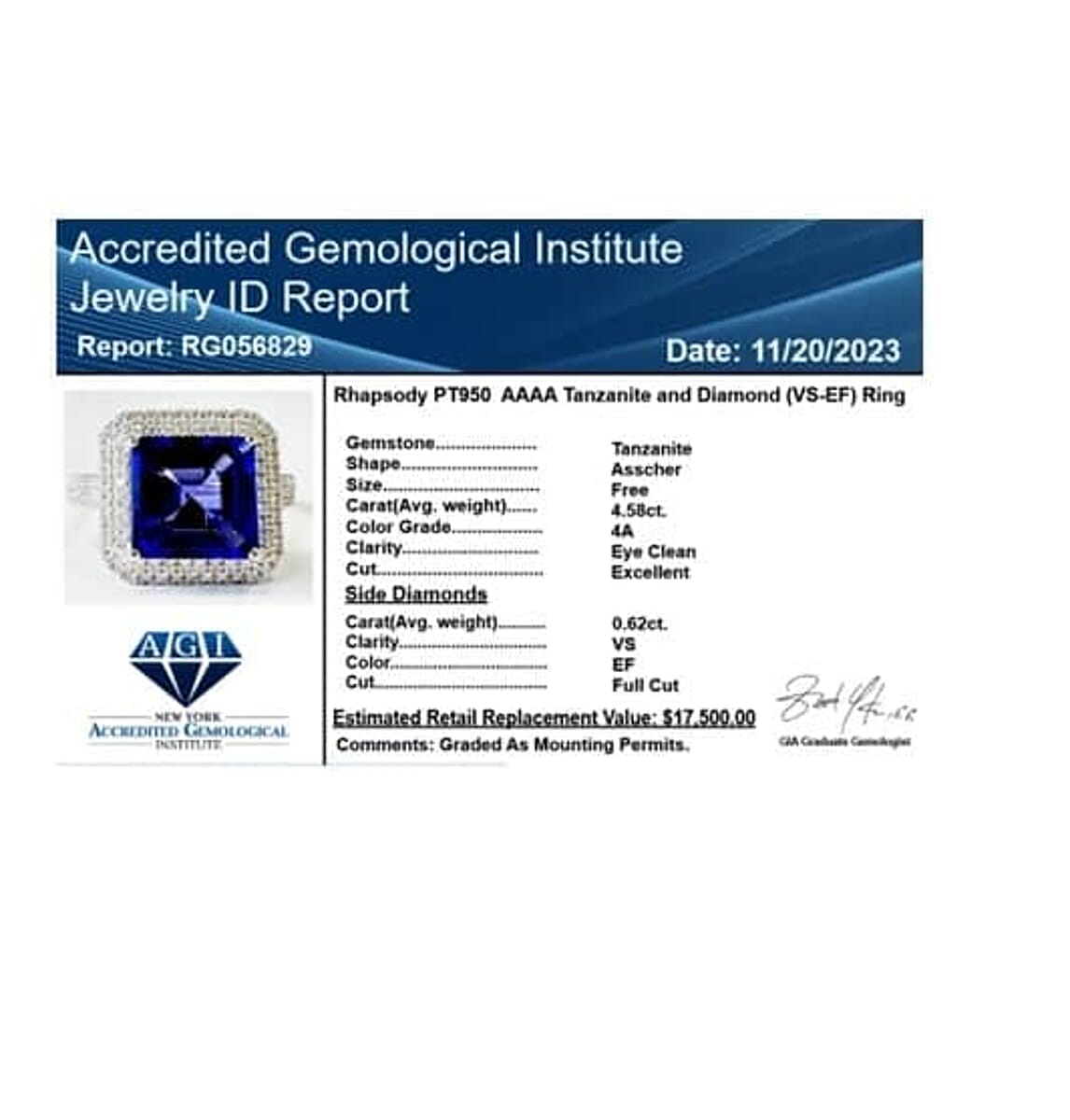 Certified & Appraised Rhapsody 950 Platinum Asscher Cut AAAA Tanzanite, Diamond (E-F, VS) (0.62 cts) Ring (Size 6.0) (9.40 g) 5.20 ctw image number 1