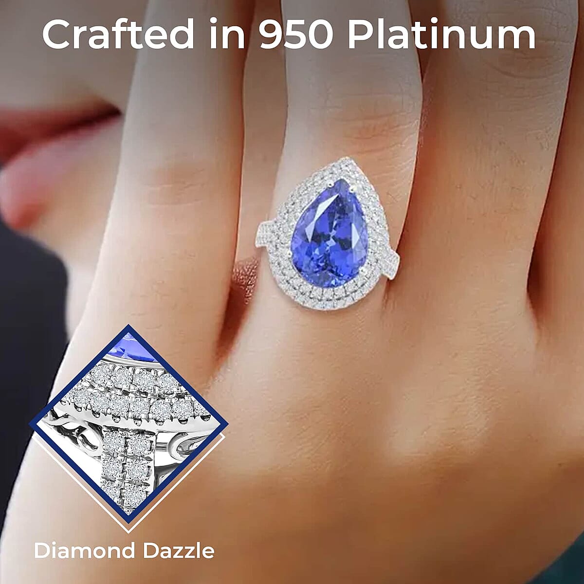 Rhapsody Certified & Appraised AAAA Tanzanite Double Halo Ring,  E-F VS Diamond Accent Ring, 950 Platinum Ring, Tanzanite Jewelry, Rings For Her 9.10 Grams 5.10 ctw (Size 10) image number 2
