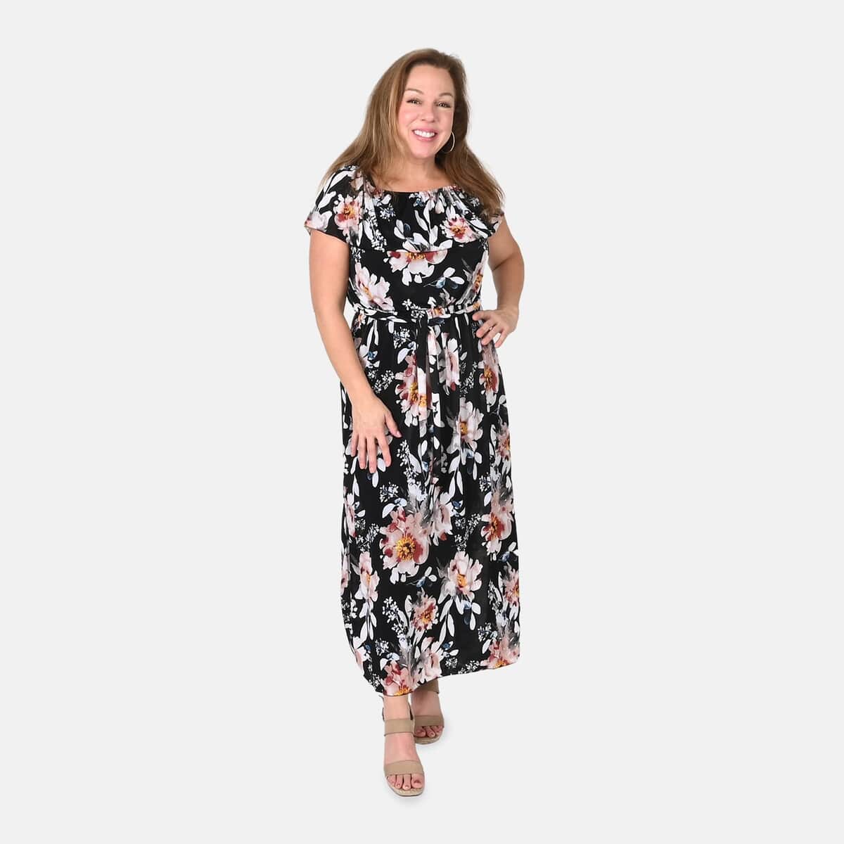 Tamsy Black Floral On-Off Shoulder Ruffle Neck Dress with Waist Tie - One Size Fits Most image number 0