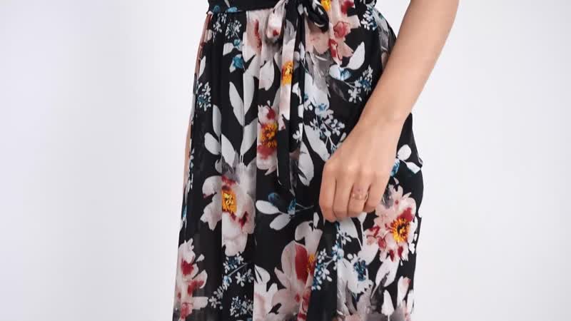 Tamsy Black Floral On-Off Shoulder Ruffle Neck Dress with Waist Tie - One Size Fits Most