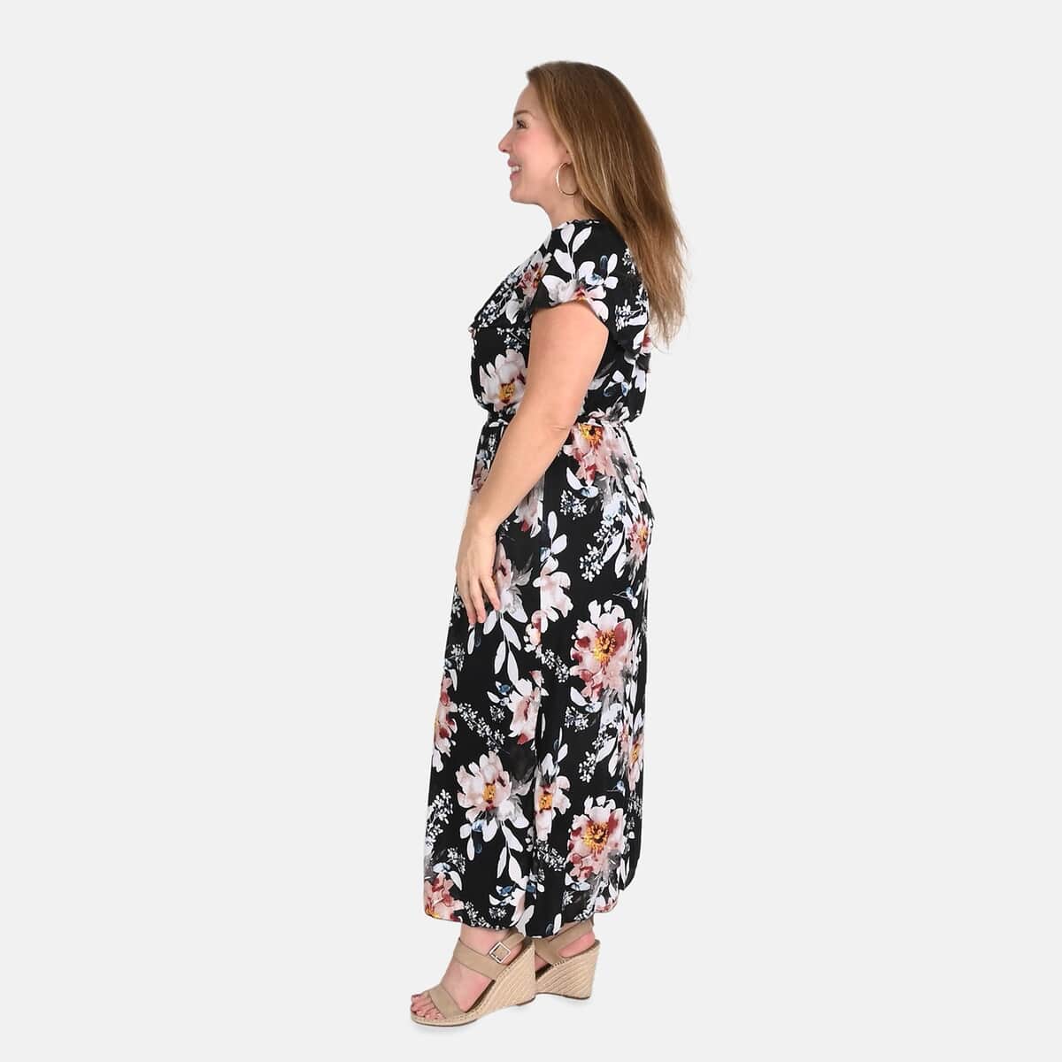 Tamsy Black Floral On-Off Shoulder Ruffle Neck Dress with Waist Tie - One Size Fits Most image number 2