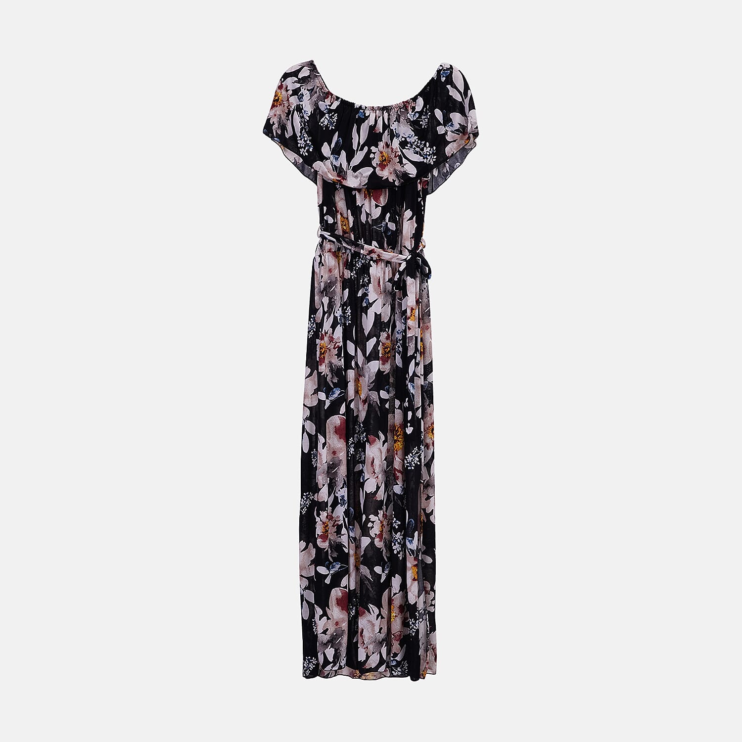 Tamsy Black Floral On-Off Shoulder Ruffle Neck Dress with Waist Tie - One Size Fits Most