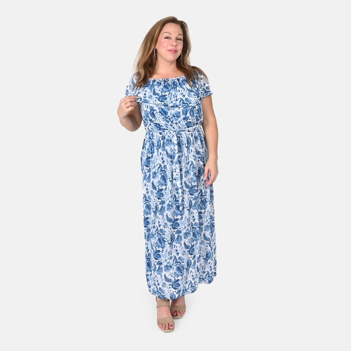 Tamsy Blue Floral On-Off Shoulder Ruffle Neck Dress with Waist Tie - One Size Fits Most image number 0