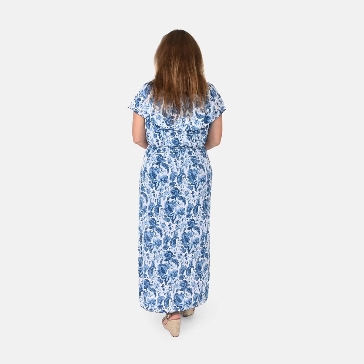 Tamsy Blue Floral On-Off Shoulder Ruffle Neck Dress with Waist Tie - One Size Fits Most image number 1