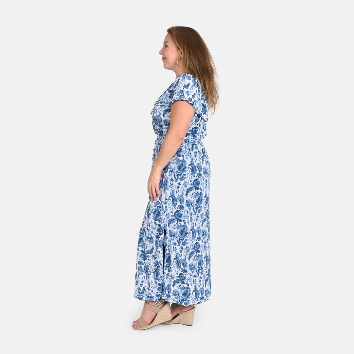 Tamsy Blue Floral On-Off Shoulder Ruffle Neck Dress with Waist Tie - One Size Fits Most image number 2