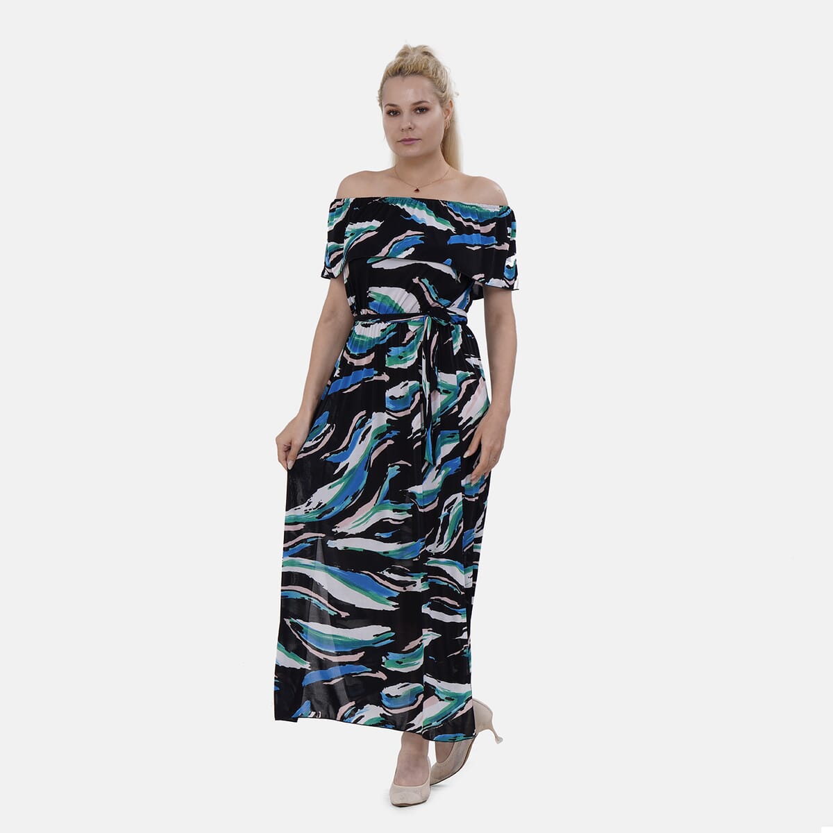 Tamsy Blue Brushstroke On-Off Shoulder Ruffle Neck Dress with Waist Tie - One Size Fits Most image number 0