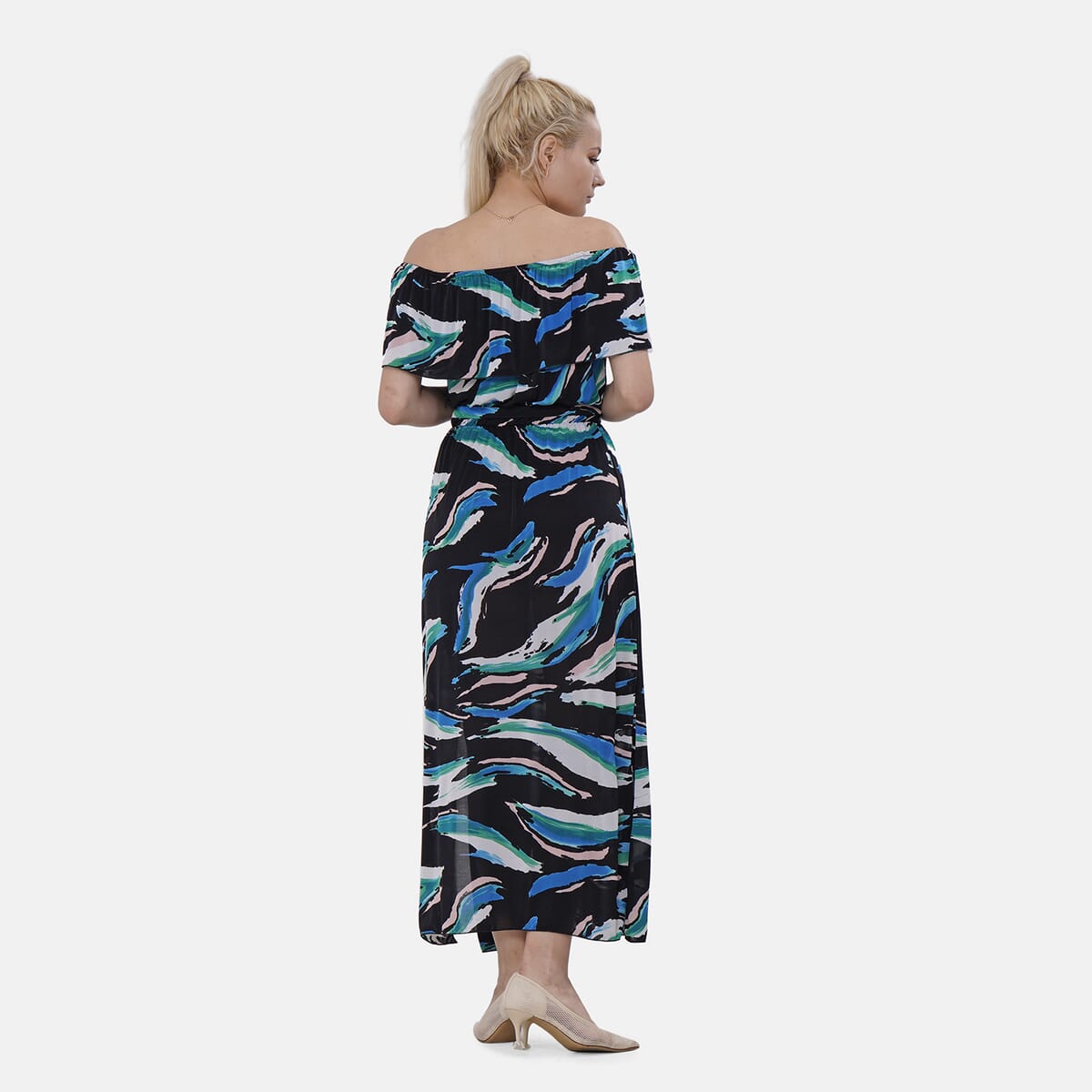 Tamsy Blue Brushstroke On-Off Shoulder Ruffle Neck Dress with Waist Tie - One Size Fits Most image number 1