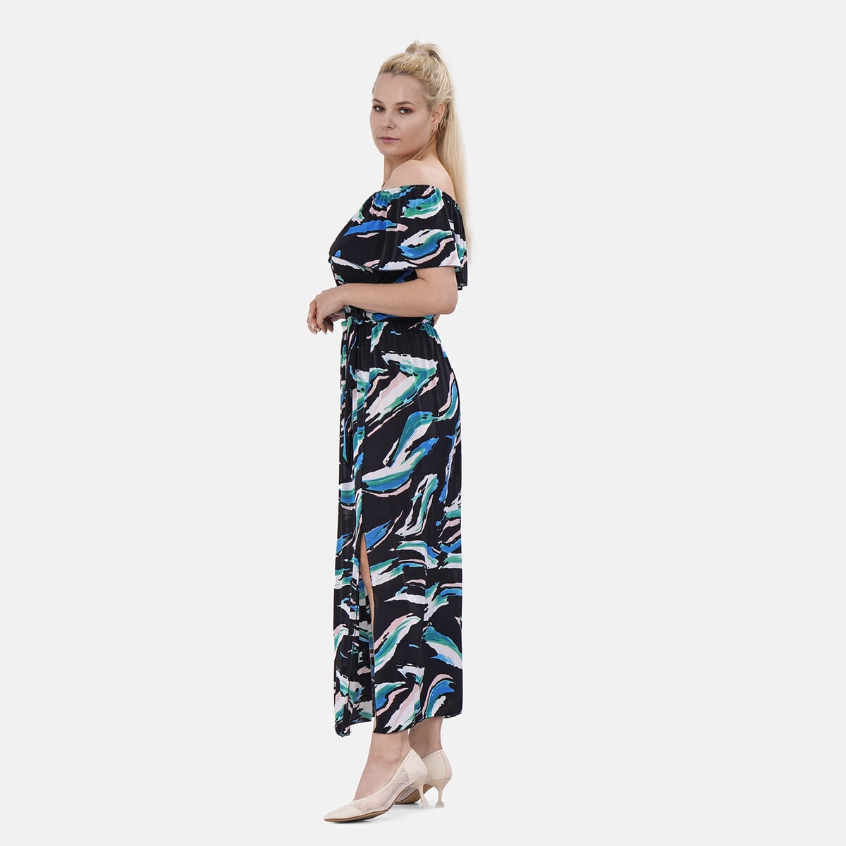 Tamsy Blue Brushstroke On-Off Shoulder Ruffle Neck Dress with Waist Tie - One Size Fits Most image number 2
